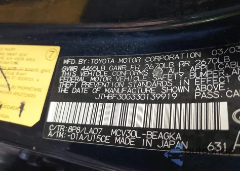 2003 Lexus Es 300 from USA, damaged, VIN JTHBF30G330139919